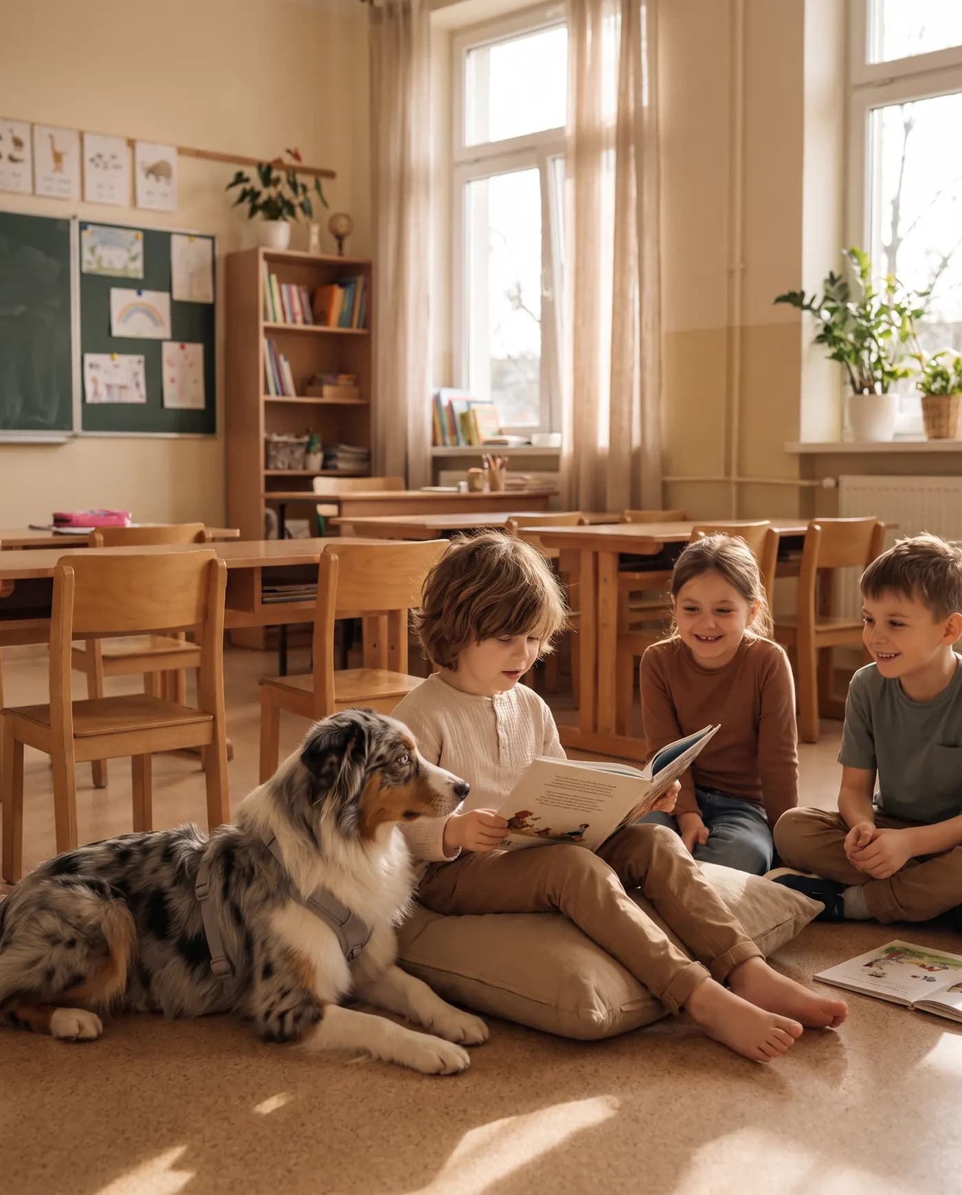 Chłopiec w klasie czyta psu książkę na głos, obok siedzą uśmiechnięci koledzy