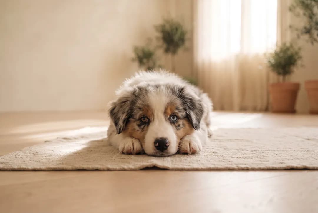 Szczeniak blue merle leżący na macie