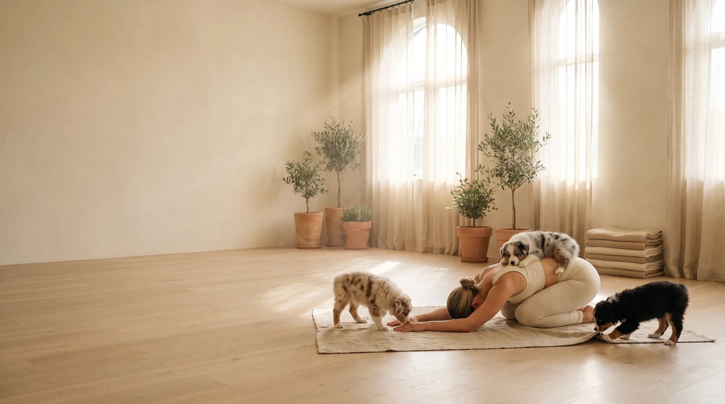 Kobieta w pozycji dziecka na macie, na jej plecach śpi szczeniak blue merle, obok bawią się dwa inne