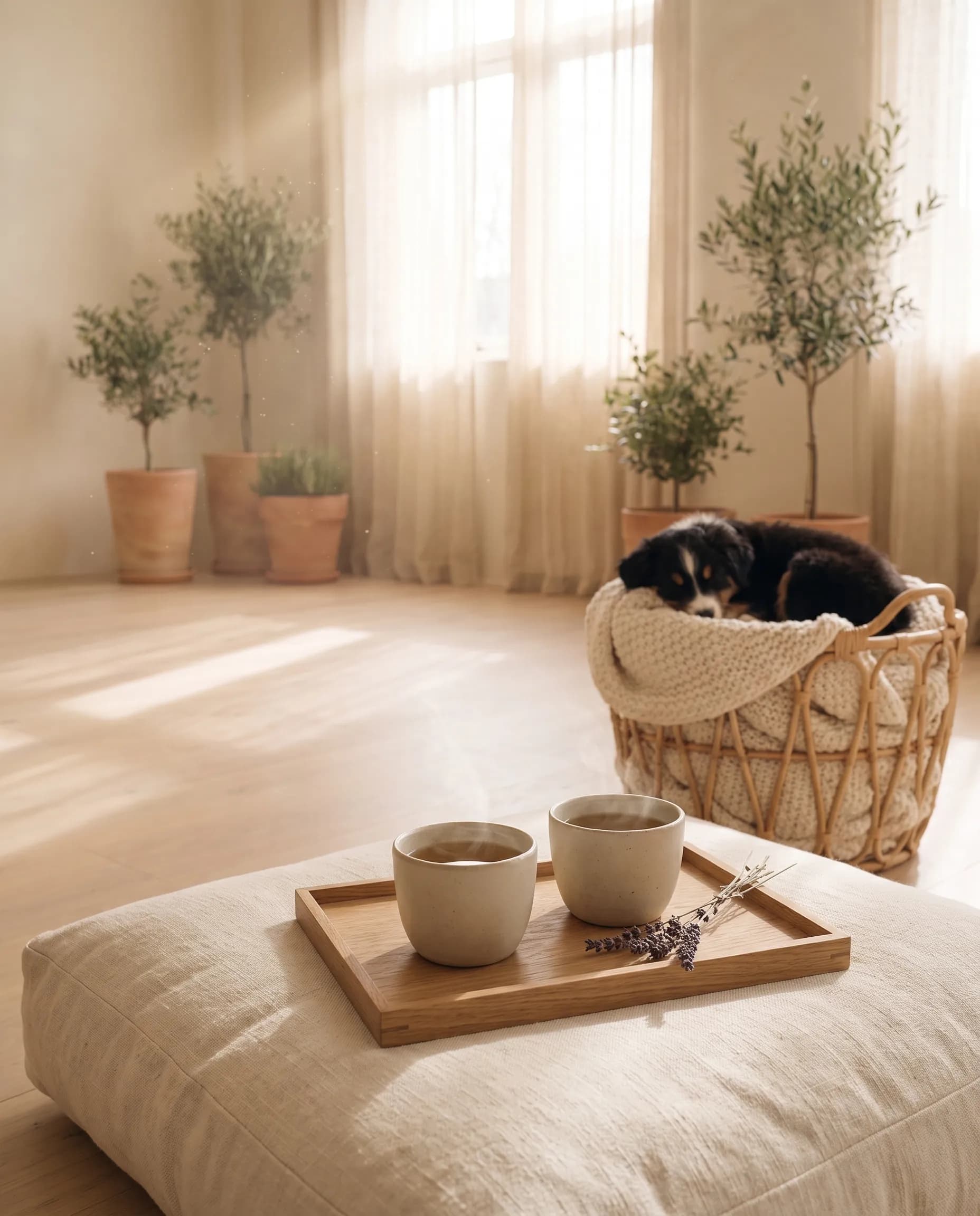 Ceramiczne kubki z herbatą, w tle szczeniak śpiący w koszu